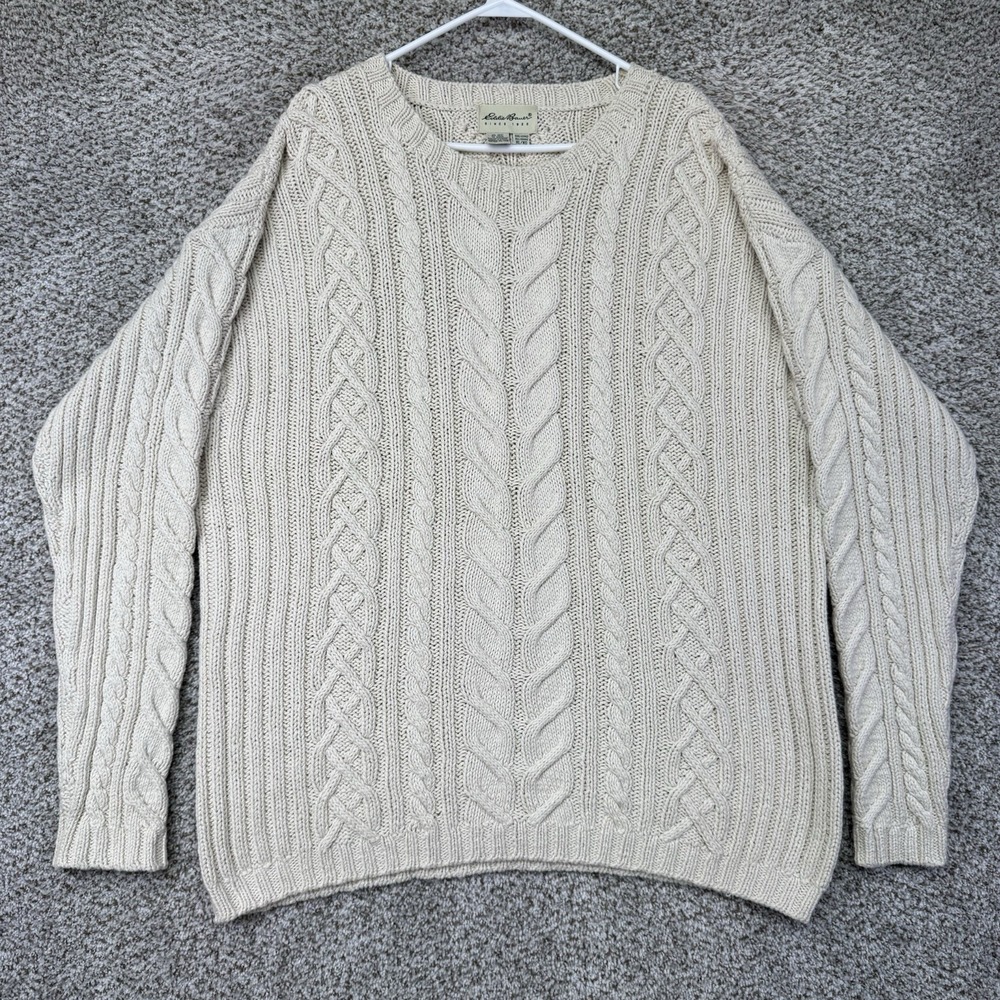 VTG 90s Eddie Bauer‎ Cable Knit Fishermans Sweater Men's XL Beige Chunky Knit